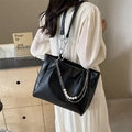 Black leather tote bag with geometric quilting, pearl and silver chain decoration - One Size / Black
