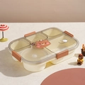 Cream-colored four-compartment lunch box with cute bear prints and brown secure latches - Brown Bear Style / Divided With Utensils