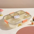 Beige 5-compartment bento box with bear and beaver cartoon lid and orange latches - White Bear Style / Divided With Utensils