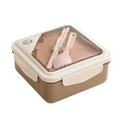 Portapranzo a due scomparti caffè e crema con posate rosa e chiusura ermetica - 1.1L Quadrato Cachi (Con Bacchette Cucchiaio)