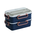 Doppelschichtige dunkelblaue Edelstahl-Bento-Box mit lachsrosa Schnallen und Besteck - Dunkelblau