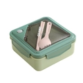 Green dual-layer Japanese lunch box with pink utensils and translucent lid - 1.1L Square Green (With Chopsticks Spoon)