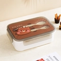 Caja bento blanca con tapa marrón, dibujo de oso animado y juego de cubiertos portátil - Oso Pardo