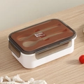 Fiambrera bento blanca portátil con tapa marrón y cubiertos incluidos integrados - Rosa