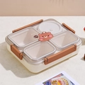 Cream-white 4-compartment lunch box featuring a cute bear pattern and brown side buckles - 1L Brown