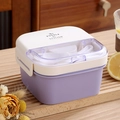 Double-layer light purple bento box with off-white lid and built-in utensil storage - Purple