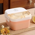 Pink double-layer bento lunch box with white lid and built-in utensil compartment - Pink