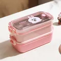 Rosa doppelstöckige Lunchbox aus Edelstahl mit transparentem Deckel und Hasen-Motiv - 700ml Rosa Hase