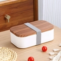White double-layer lunch box with wood grain lid and grey elastic strap - Single Layer (800ml) / White