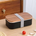 Black double-layer lunch box with dark wood grain lid and grey elastic strap - Single Layer (800ml) / Black