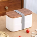 Double-layer bento lunch box with walnut wood grain lid and elastic strap in white - Double Layer (1.6L) / White