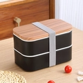 Double-layer black lunch box with wood-textured lid and elastic strap for meal prep - Double Layer (1.6L) / Black