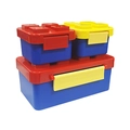 Stapelbare lunchboxset in bouwsteenstijl met blauwe basis en rode en gele deksels - Grote Blauw en Rood Stijl / Blauw