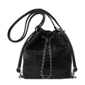 Sac seau noir en velours et cuir avec cordon de serrage et chaîne argentée élégante - Noir