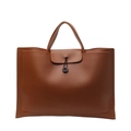 Minimalist large-capacity tote bag in caramel brown faux leather with wood button closure - Large / Brown