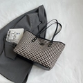 Classic houndstooth tote bag with black leather base and elegant gold hardware details - No Pendant / Large Houndstooth / Black