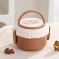 Boîte à bento ronde double couche marron et crème avec poignée et motif d'ours - Ours / Marron
