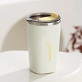 Creamy white 304 stainless steel coffee mug with cartoon cat and yellow flip lid - 450ml Without Straw / Beige
