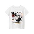 White cotton T-shirt for girls featuring a cute black cat and colorful stars print - 90cm / Off White