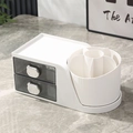 White desk organizer with two grey drawers featuring bear handles and storage compartments - White