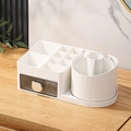 White desk organizer with lipstick slots and a rotating compartment for brushes - Rotating Grid and Drawer / White (Rotating Partition + Single Drawer)