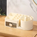 Creamy white desktop organizer with rotating brush holder and bear handle drawer - Rotating Grid and Drawer / Beige (Rotating Partition + Single Drawer)