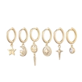 Gold star and moon hoop earring set with luck star and celestial charms in 18K gold finish - LUCK Star Moon Cross Pendant Collection (S-E1603)