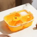 Yellow lunch box with three compartments featuring a cute cartoon duck character on the lid - Multi Compartment Cartoon Chick Style