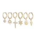 6-piece gold hoop earring set featuring moon, star, and cross charms with white zircons - Star Moon Cross Hamsa Hand Pendant Set (S-E1607)