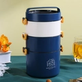 Tragbare dreistöckige Kunststoff-Brotdose in Marineblau mit gelben Verschlüssen und Griff - 3 Schichten Blau
