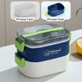 Portapranzo bento ovale a due strati blu e bianco con motivo a gatto e posate - 1.4L (Strato Doppio) / Blu Dopamina / Stile PP
