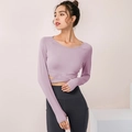 Top yoga lilla a maniche lunghe e leggings grigi a vita alta con tasca per il fitness - S / Viola Chiaro