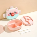 Kids pig-shaped divided lunch box set in pink and mint green with spoon and fork - Pink Piggy (Pink Green)