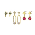 Gold star moon earrings set with blue crystals, red gemstone, and white pearls - Octagonal Star Pearl Earring Set (S-E1717) / Gold