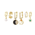 Set of six gold-toned star and moon earrings with pearls and colorful zircon stones - Hollow Star Moon Chain Earring Set (S-E1719) / Gold