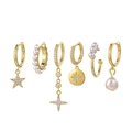 6-piece gold star and moon earring set with white pearls and zircons on white background - Star Coin Pearl Earring Set (S-E1720) / Gold