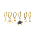 Golden earrings set featuring star, moon, plane, and Saturn charms with blue beads - 6-Piece Airplane Saturn Celestial Earring Collection(S-E1722) / Gold
