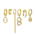 6-piece gold earring set with T-bar and coffee bean pendants and zircon accents - 6-Piece T-Shape and Coffee Bean Link Earring Collection(S-E1723) / Gold