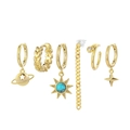Golden celestial earring set featuring sun, moon, and star pendants with blue gems - 6-Piece Sun Saturn Bohemian Earring Collection(S-E1724) / Gold