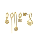 Gold star and moon earrings set featuring crystal butterflies and safety pin designs - 6-Piece Butterfly Safety Pin Rhinestone Earring Collection(S-E1725) / Gold