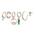 6-piece gold earring set with green crystals and owl evil eye charms for women - 6-Piece Evil Eye Owl Vintage Earring Collection(S-E1727) / Gold
