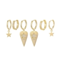 Golden 6-piece earring set featuring star, heart, and crystal hexagon charms - 6-Piece Star Heart Zirconia Earring Collection(S-E1733) / Gold