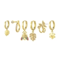 6-piece gold earring set featuring leaf charms, bee, and butterfly with colorful zircon - 6-Piece Bee Butterfly Flower Pendant Earring Collection(S-E1740) / Gold