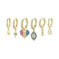 6-piece gold hoop earring set with Fatima hand, heart, and evil eye charms - 6-Piece Evil Eye Hamsa Hand Zirconia Earring Collection(S-E1741) / Gold
