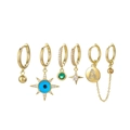 Six-piece gold earring set with evil eye, star, and letter A charms for multi-piercing style - 6-Piece Letter A Evil Eye Pendant Earring Collection(S-E1742) / Gold