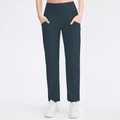 Women's high-waisted navy blue straight yoga pants with pockets and elastic waistband - 4/S / Bottoms / Blue