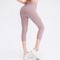 Women's high waist yoga capris with side pockets in dusty rose mauve stretch fabric - Light Purple