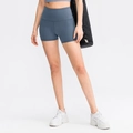 High-waisted Morandi blue yoga shorts with seamless stretch fabric for women's fitness - Grey Blue