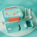 Portable mint green lunch box set with cartoon sea creatures and orange cutlery details - Green Sea Series