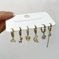 Gold star and moon earrings set with enamel clouds and deer charms in a six-piece pack - 6-Piece Cloud Deer Fairytale Theme Earring Collection(S-E1763) / Gold